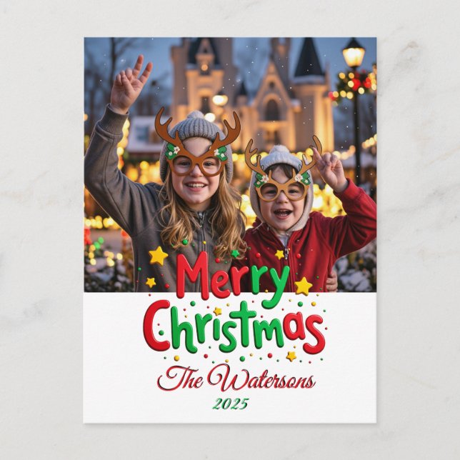 Postal Divertida Foto con Letra Retro de Feliz Navidad (Anverso)