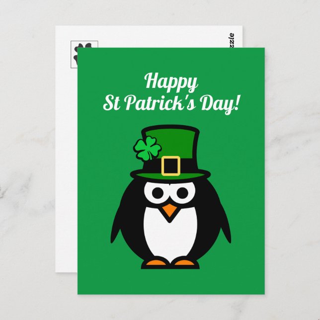 Postal divertida leprechaun pingüino San Patricio (Anverso / Reverso)