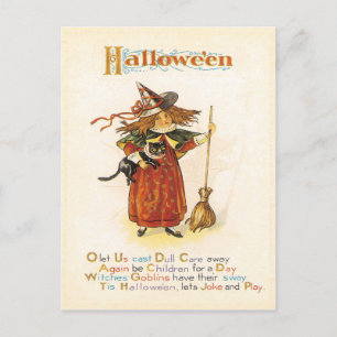 Postal divertida y pequeña bruja vintage