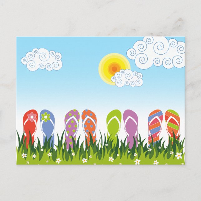 Postal Divertidas Chanclas Coloridas de Verano en el Jard (Anverso)