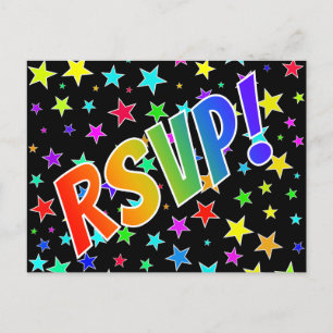 Postal Divertidas letras de arcoiris "RSVP!" + patrón de 