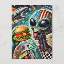 Postal Divertido Alien comiendo Cheeseburger Collage Encá