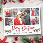 Postal Divertido caligrafía Red Holly 5 Navidades de pare<br><div class="desc">Moderna caligrafía de diversión guión 5 Collage de fotos de fotos de pareja Feliz postal navideño incluye Navidades de acuarela Holly Berries - guión rojo</div>