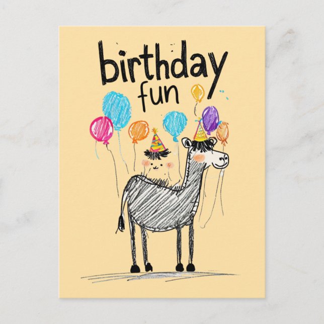 Postal Divertido Cumpleaños con Caballo Adorable y Globos (Anverso)