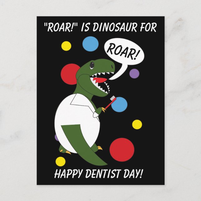 Postal Divertido Día de la Dentista Dinosaurios Roar T re (Anverso)