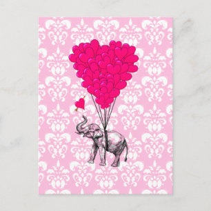 Postal Divertido elefante lindo y damasco rosa