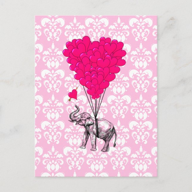 Postal Divertido elefante lindo y damasco rosa (Anverso)