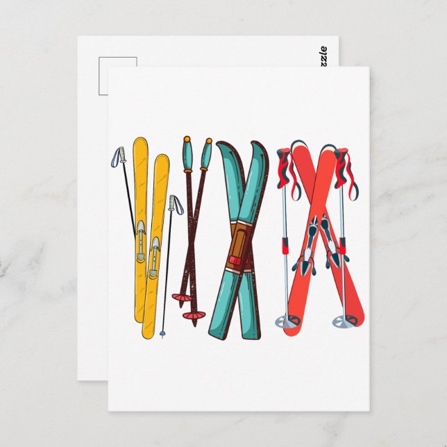 Postal Divertido esquiador de esquí colorido (Anverso / Reverso)