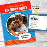 Postal Divertido estilo cómico Cualquier fiesta de cumple<br><div class="desc">Diversión, estilo libro de historietas cumpleaños fiesta de postales invitación! Fácil de personalizar con tu propia foto y texto personalizado delante y atrás. Esta tarjeta de colores está diseñada para un fiesta de barbacoa de 30 años, pero todo el texto se puede personalizar para adaptarse a otras ocasiones. Un diseño...</div>