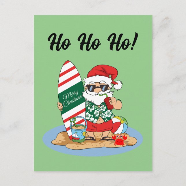 Postal Divertido Feliz Navidad en la playa de surf en ver (Anverso)