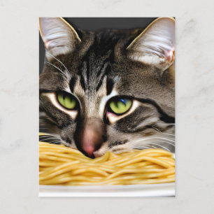 Postal Divertido gato comiendo espagueti