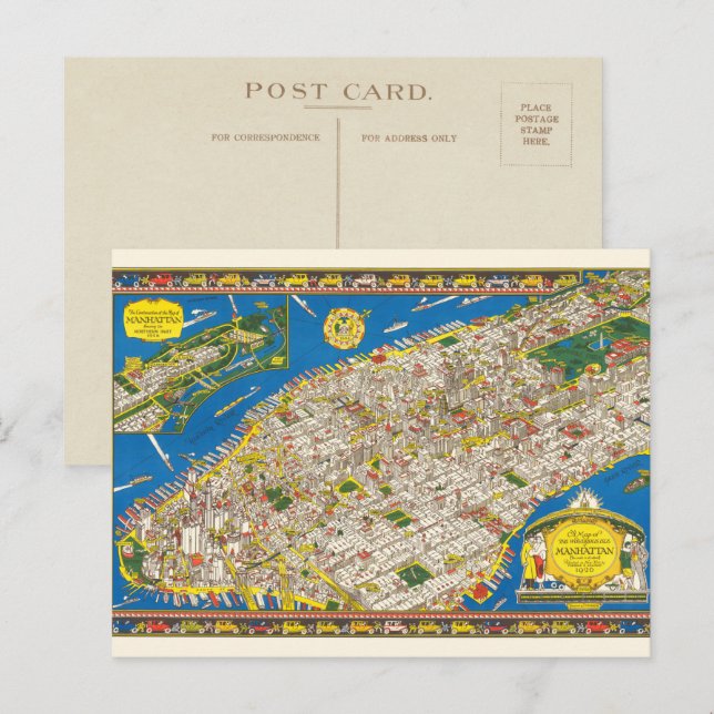 Postal Divertido Mapa Antiguo Restaurado de Manhattan de  (Anverso / Reverso)