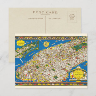 Postal Divertido Mapa Antiguo Restaurado de Manhattan de 