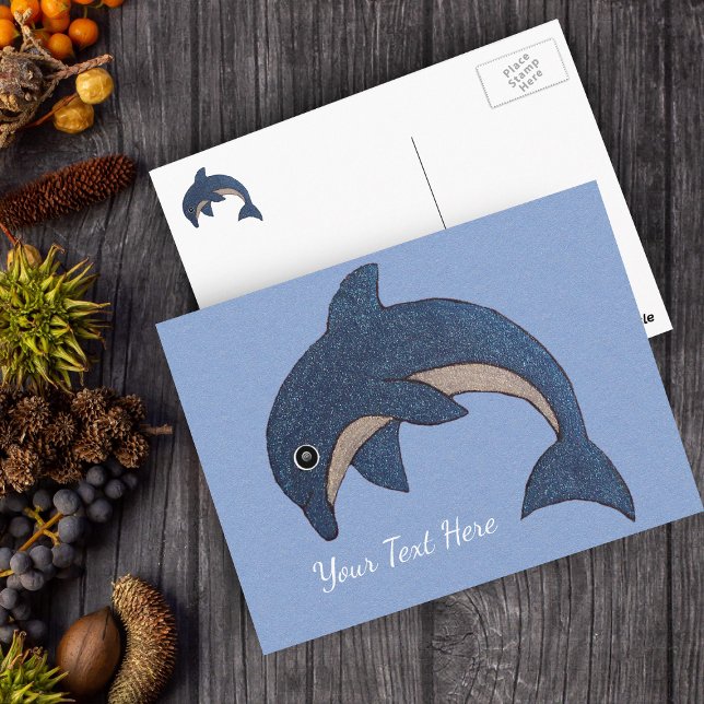 Postal Divertido Océano Azul Azul Espuma Blanca Como Salt (Sparkle dark blue and white jumping dolphin on light blue postcard.)