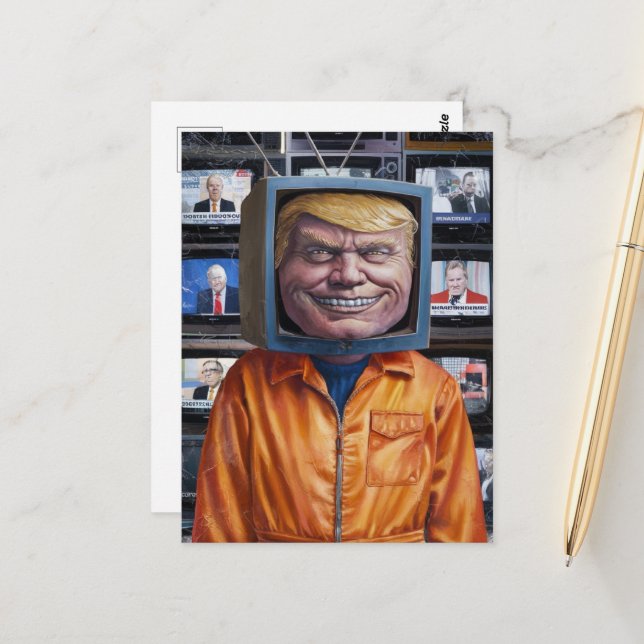 Postal Divertido Trump Atascado en una TV (Anverso/Reverso In Situ)
