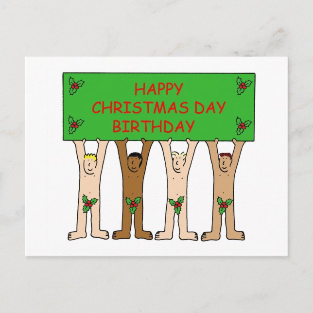 Postal Divertidos 25 de Diciembre Hombres con Holly (Anverso)