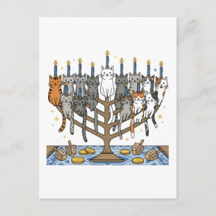 Postal Diviértete con Hanukkah Gatos Meowzel Menorá