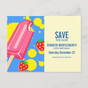 Postal Diviértete con paleta rosa y fresas Save The Date