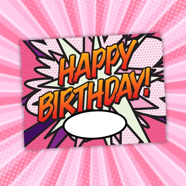 Postal Diviértete Cumpleaños Libro de Cómics Rosa (Fun Pink Comic Book HAPPY BIRTHDAY Postcard)