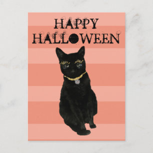 Postal Diviértete Feliz Halloween Gato Negro Rayas Naranj