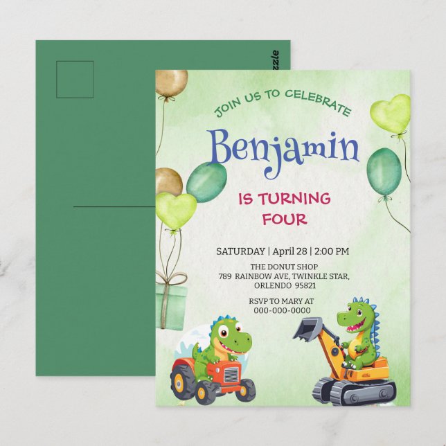 Postal Diviértete Rawr T-Rex dinosaur tractor camión cump (Anverso / Reverso)