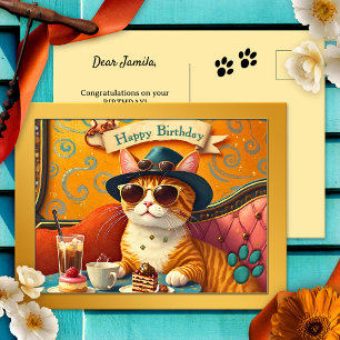 Postal Diviértete Retro Gato y Tarta de Cumpleaños