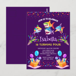 Postal Diviértete tiburón arcoíris globo fiesta de cumple