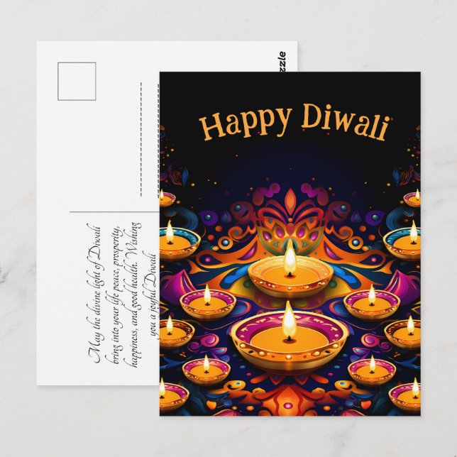 Postal Diwali tradicional con diyas (Anverso / Reverso)