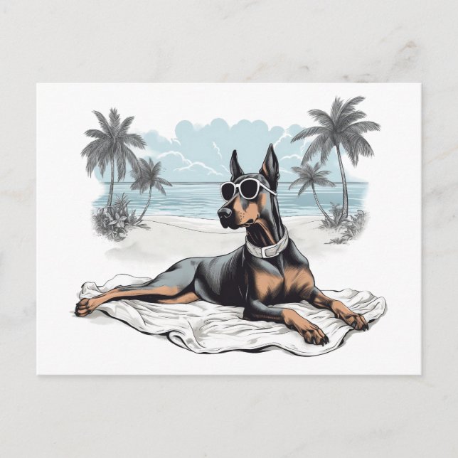 Postal Doberman con gafas de sol en la playa (Anverso)