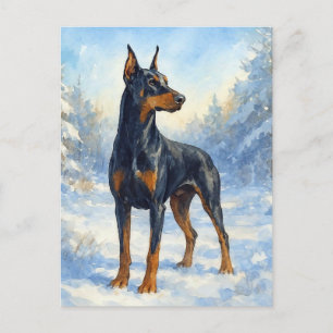 Postal Doberman en nieve de invierno