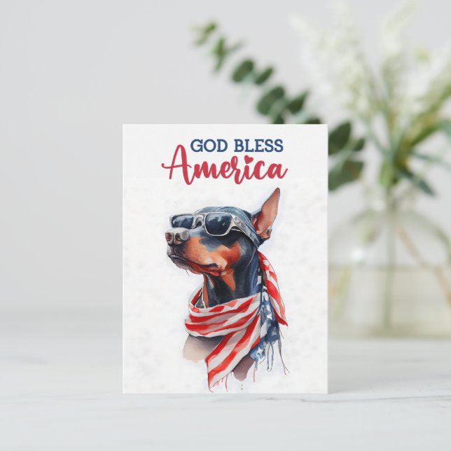 Postal Doberman patriótico, Dios bendiga a América Tarjet (Anverso de pie)