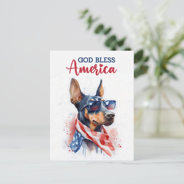Postal Doberman patriótico, Dios bendiga a América Tarjet (Anverso de pie)