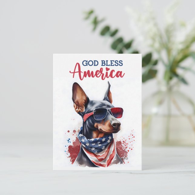 Postal Doberman patriótico, Dios bendiga a América Tarjet (Anverso de pie)