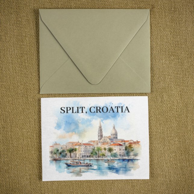 Postal Doble acuarela de Dalmatia en Croacia (Vintage split croatia watercolor postcard)