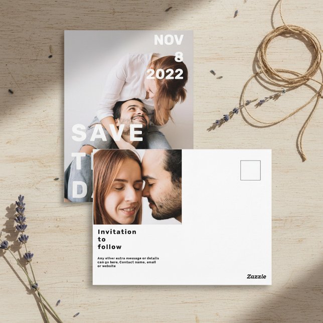 Postal Doble foto moderna grande y audaz salvo el invento (Double photo modern big and bold save the date inv postcard.)