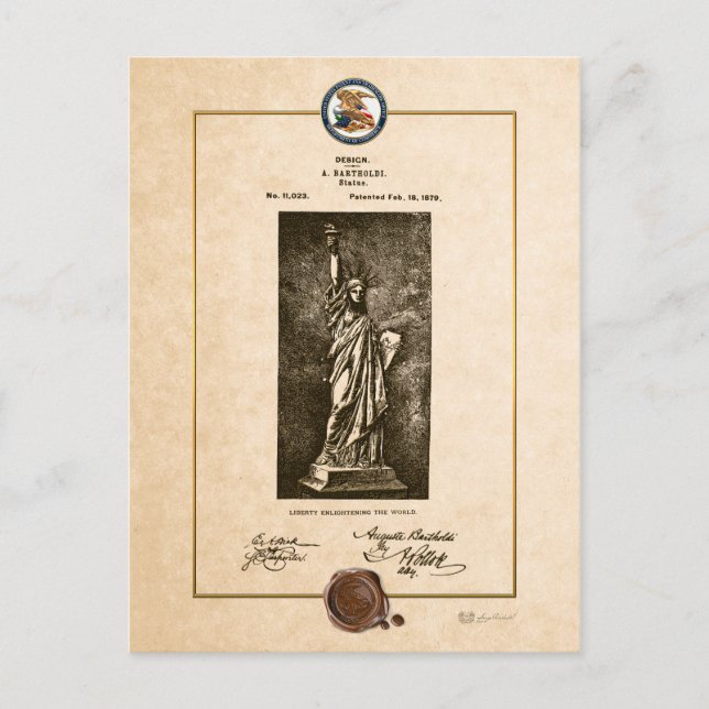 Postal Documento de patentes antiguas de la estatua de la (Anverso)