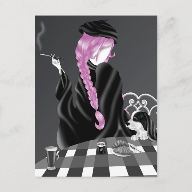 Postal Dog & Lady en la cafetería Pink Hair Postcard (Anverso)