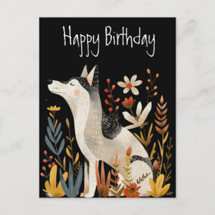 Postal Dog Scandi Folk Art Happy Birday Black Postcard