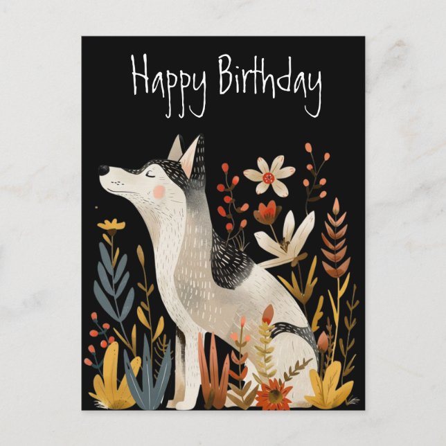 Postal Dog Scandi Folk Art Happy Birday Black Postcard (Anverso)