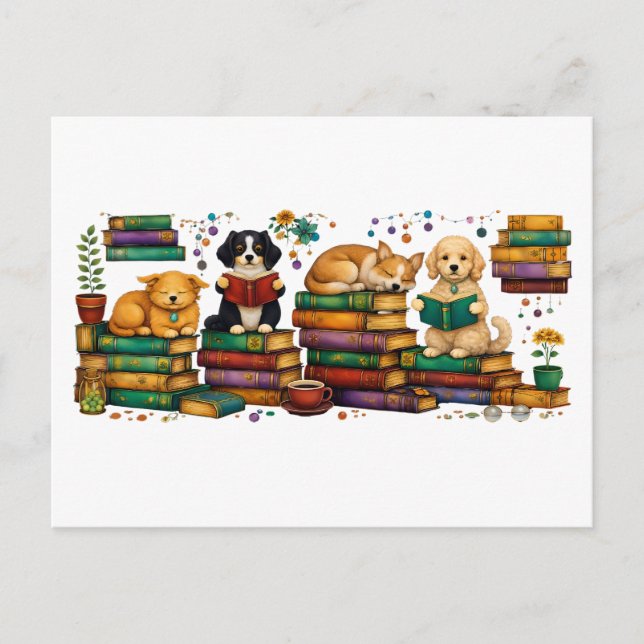 Postal Dogs Reading Books Cozy Library Scene (Anverso)