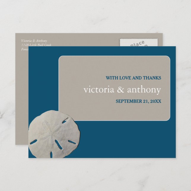 Postal Dólar de arena, Boda en la Playa Azul del Océano G (Anverso / Reverso)