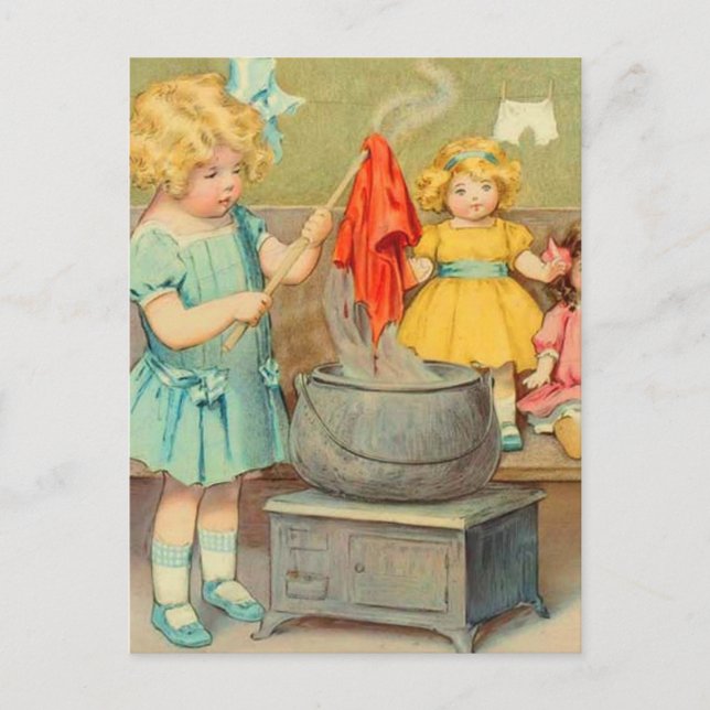 Postal Dolly Laundry Chica Vintage Jugando Muñecas Cute (Anverso)