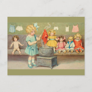 Postal Dolly Laundry Chica Vintage Jugando Muñecas Cute