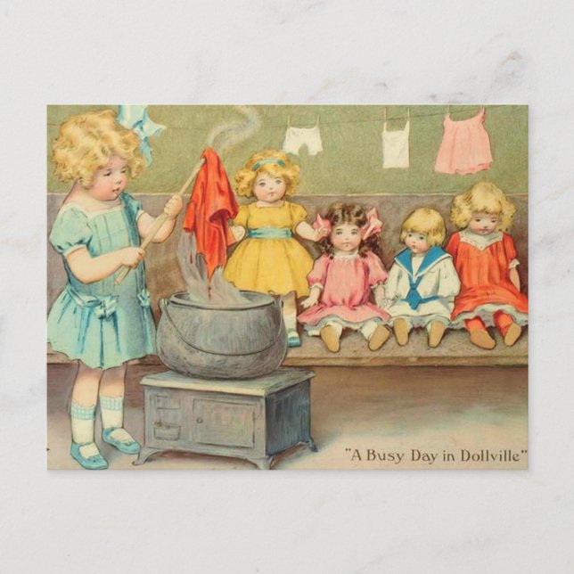 Postal Dolly Laundry Chica Vintage Jugando Muñecas Cute (Anverso)