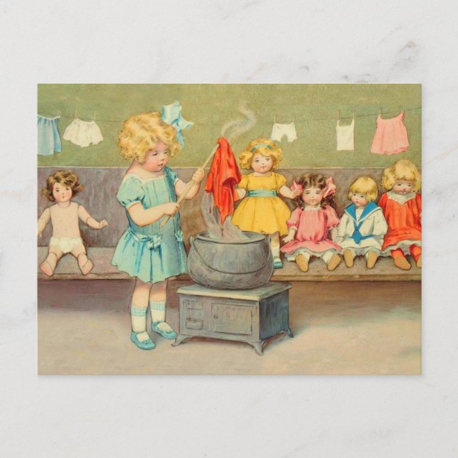 Postal Dolly Laundry Chica Vintage Jugando Muñecas Cute (Anverso)