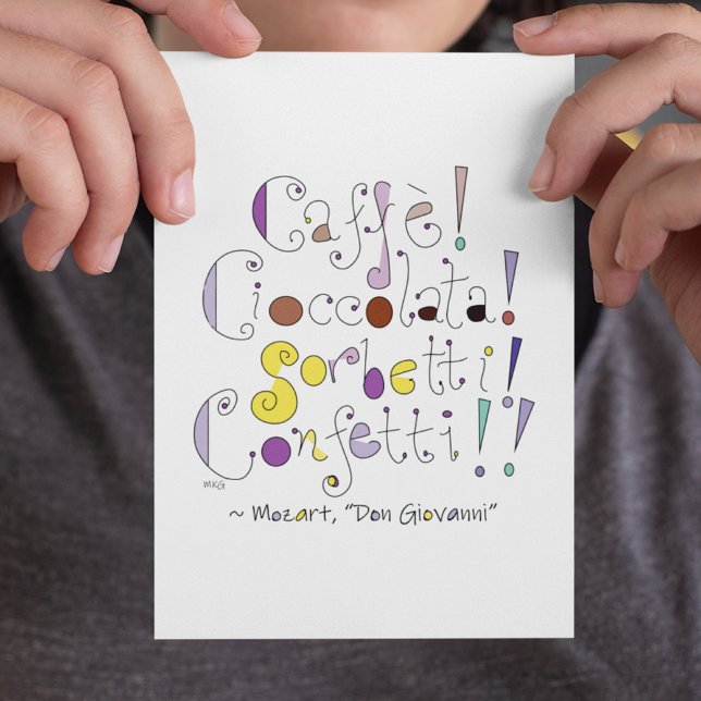 Postal Don Giovanni Mozart Opera Oferta italiana (This Italian quote from Mozart's Don Giovanni translates to: "Coffee! Chocolate! Sorbets! Treats!")