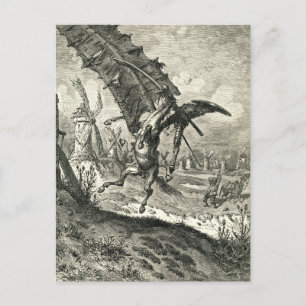 Postal Don Quijote y los molinos de viento