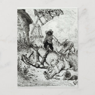Postal Don Quijote y los molinos de viento