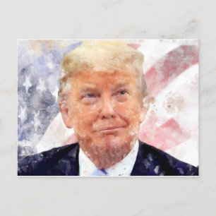 Postal Donald Trump sonriendo con bandera estadounidense