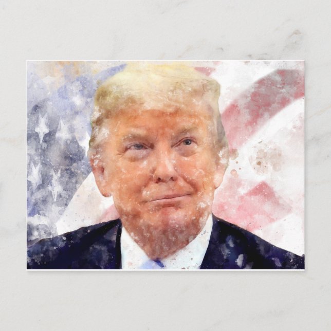 Postal Donald Trump sonriendo con bandera estadounidense (Anverso)